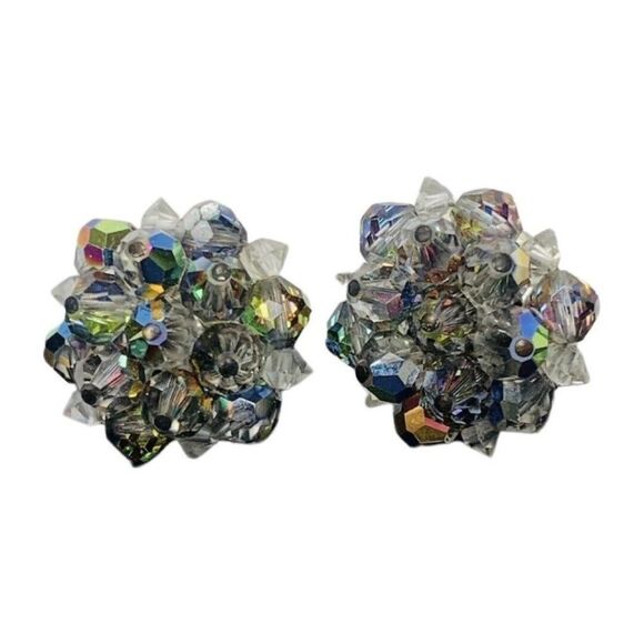 Womens Sparkly Aurora Borealis Crystal Flower Vintage Button Clip On Earrings - Picture 2 of 9